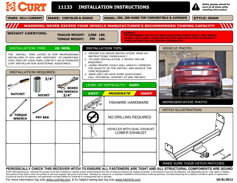 CURT 11133 Class 1 Trailer Hitch, 1-1/4 Receiver, Select Dodge