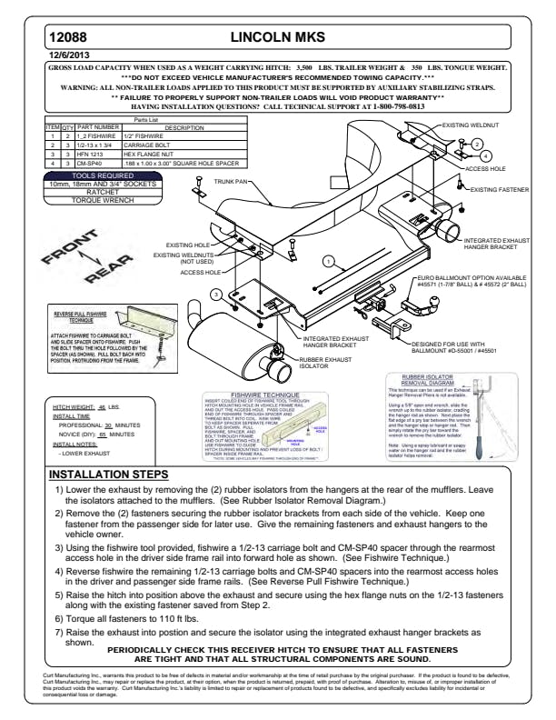 CURT Class 2 Trailer Hitch - 1-1/4 Inch Receiver For Lincoln MKS With Ball Mount