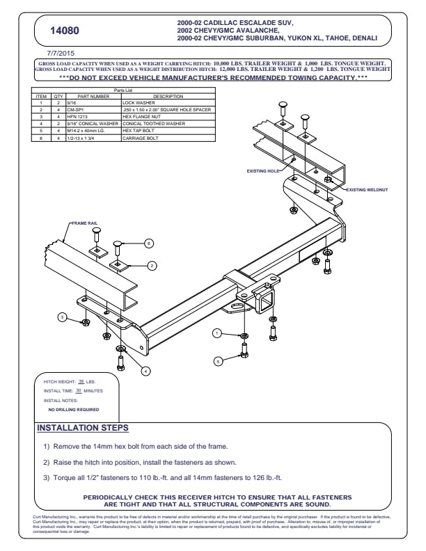 CURT 14080 Class 4 Trailer Hitch, 2 Receiver, Select Cadillac