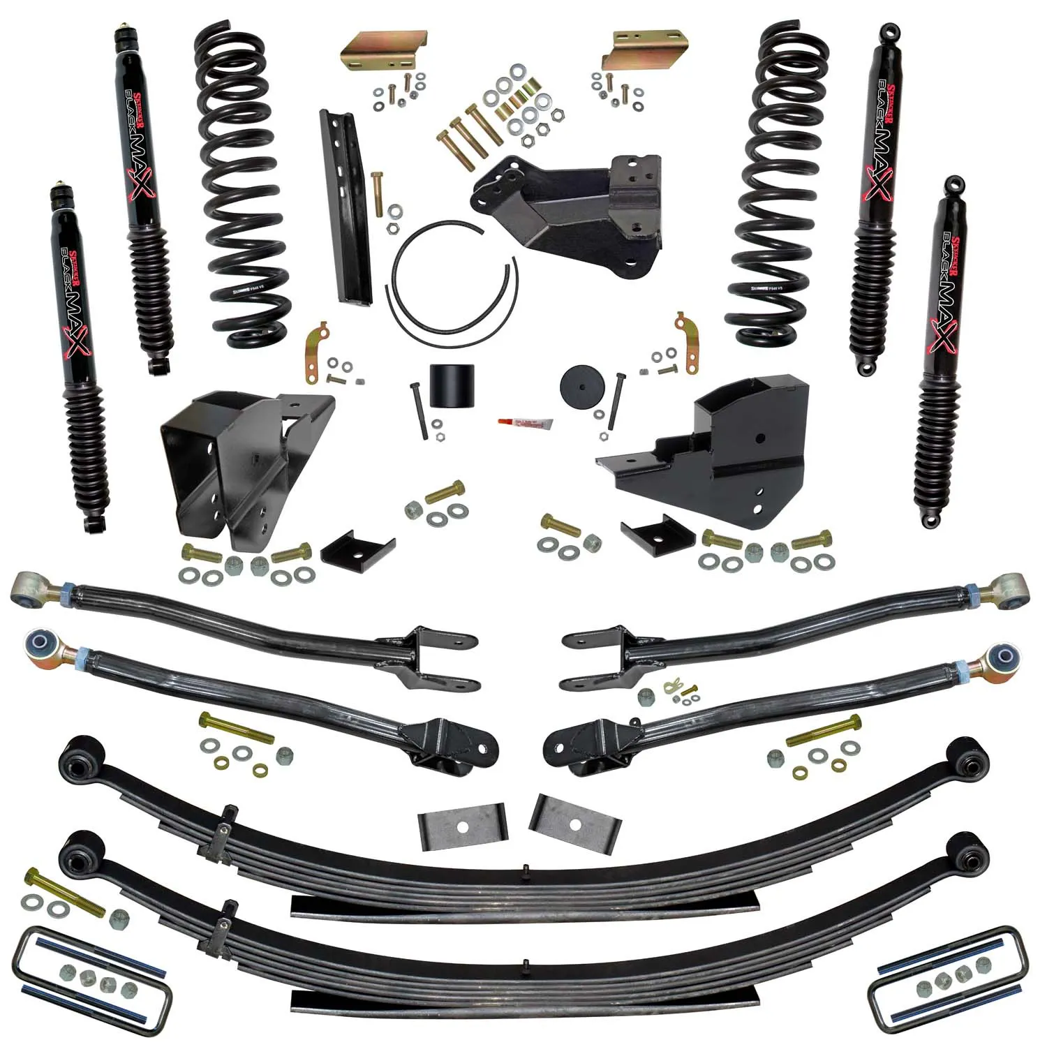 Skyjacker 4 in. Lift Kit with Coils, Leafs, 4-Link Conversion and Black MAX Shocks.