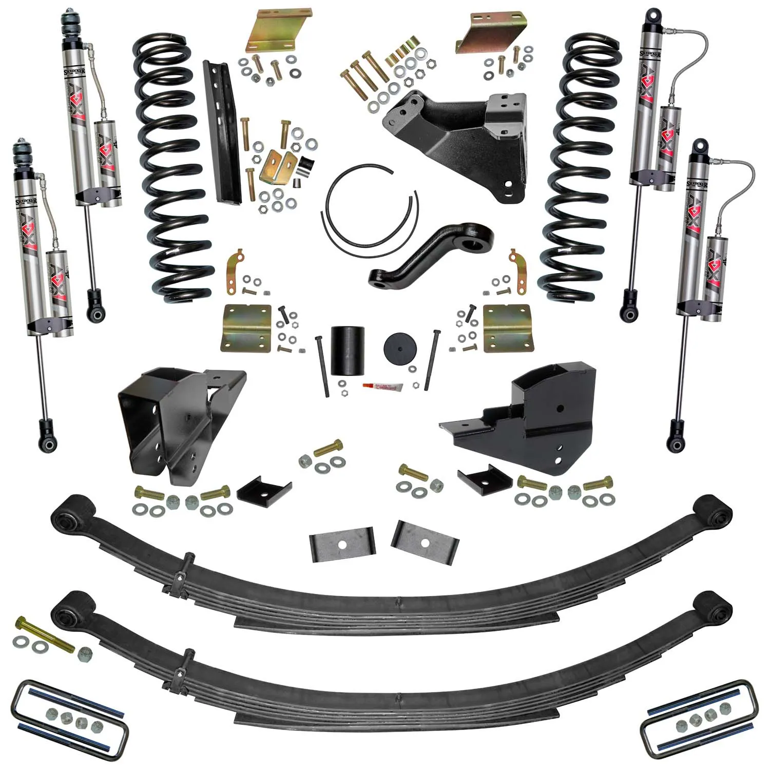 Skyjacker 6 in. Lift Kit with Coils; Leaf Springs; and ADX 2.0 Remote Reservoir Shocks.