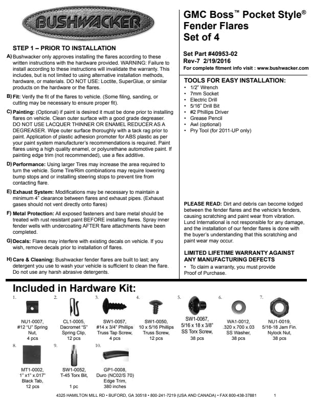 Bushwacker PK1-40085 Complete Hardware Kit for 40085-02