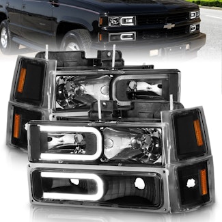 AnzoUSA 111528 Crystal Headlights with Light Bar Black Housing with Signal & Side Markers 8pc