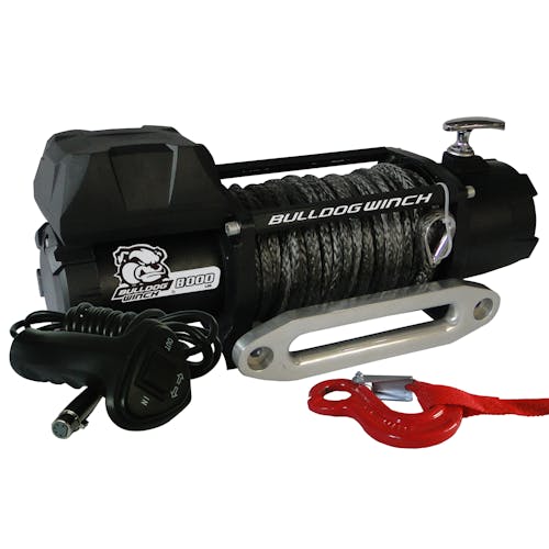 Bulldog Winch 10044 8000lb Winch w/5.2hp Series Wound Motor,100ft Synthetic Rope, Alum Frld