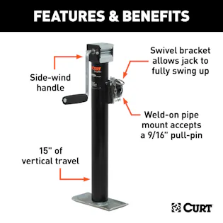 CURT 28324 Pipe-Mount Swivel Jack with Side Handle (2,000 lbs, 15
