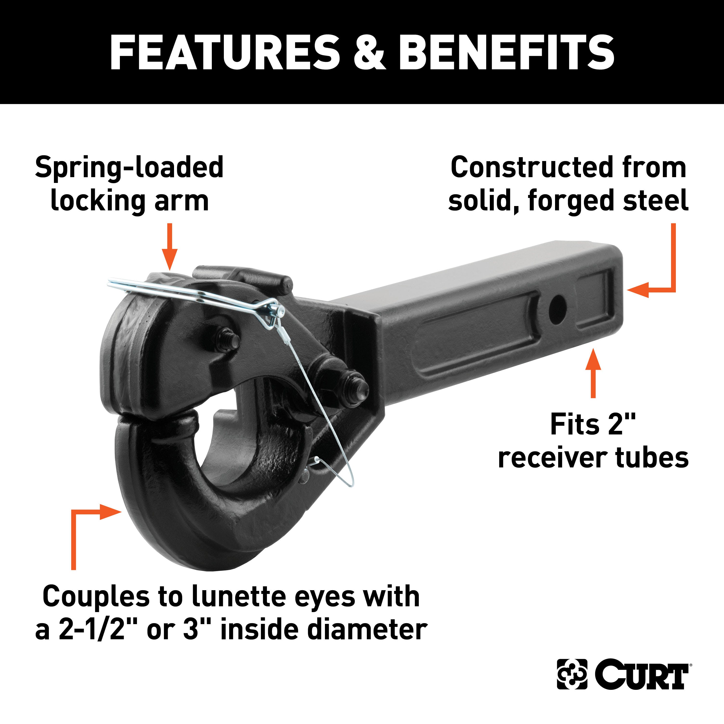 CURT 48005 Receiver-Mount Pintle Hook (2 Shank, 10,000 lbs., 2-1/2