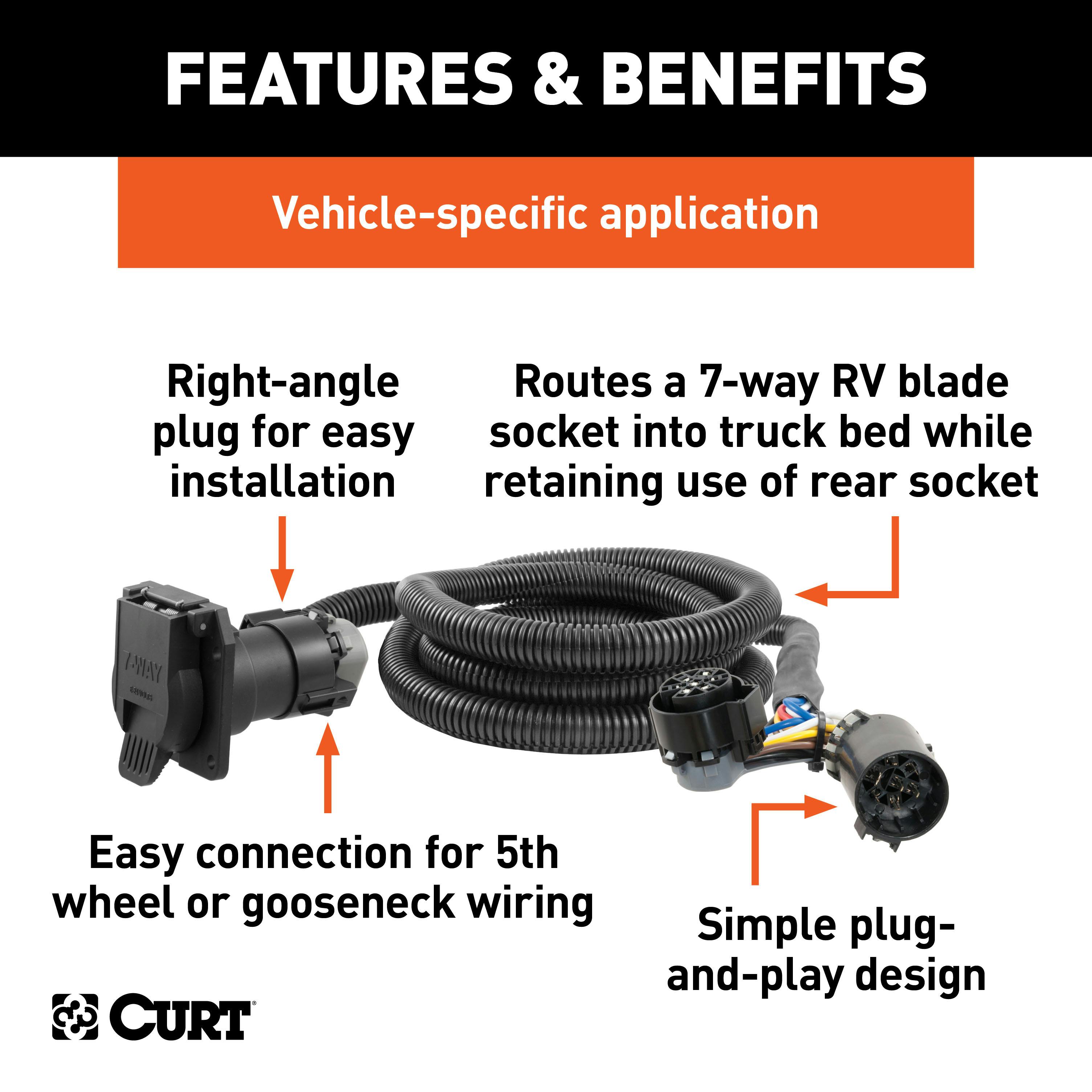 CURT 56070 7' Custom Wiring Extension Harness (Adds 7-Way RV Blade to Truck  Bed, Packaged)