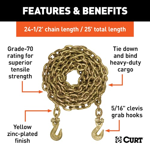 CURT 80308 25' Transport Binder Safety Chain with 2 Clevis Hooks (18,800  lbs, Yellow Zinc)