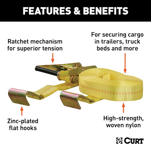 CURT 27' Yellow Cargo Strap with Flat Hooks (3,333 lbs.) 83048