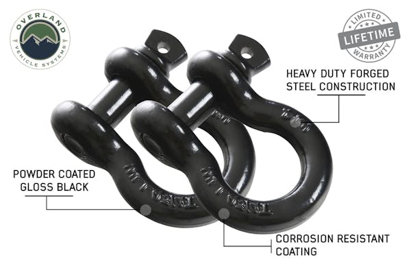 Overland Vehicle Systems 19010201 Recovery Shackle 3/4 4.75 Ton Black - Sold In Pairs