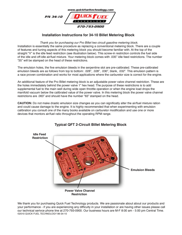 Performance Carburetor Parts 2 Circuit E85 Billet Metering Block (Bare ...