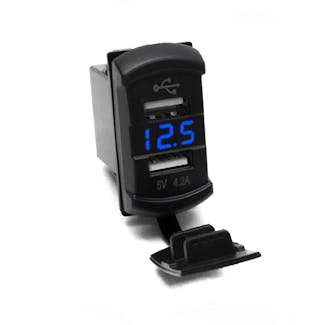 Race Sport Lighting RS50887B Dual Port USB Rocker Panel sized with Blue voltmeter