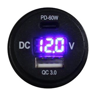 Race Sport Lighting RS51915B Round Socket Auxiliary Digital Voltage Meter and Charging Port Combo