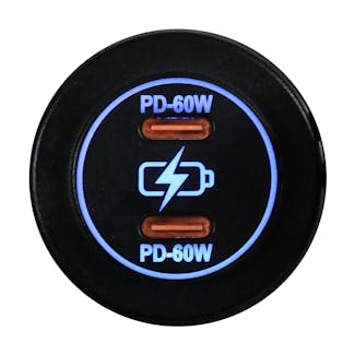 Race Sport Lighting RS51921B Round Socket Auxiliary Charging Port, Dual C-Type PD 60W Outputs Blue Indigo LED