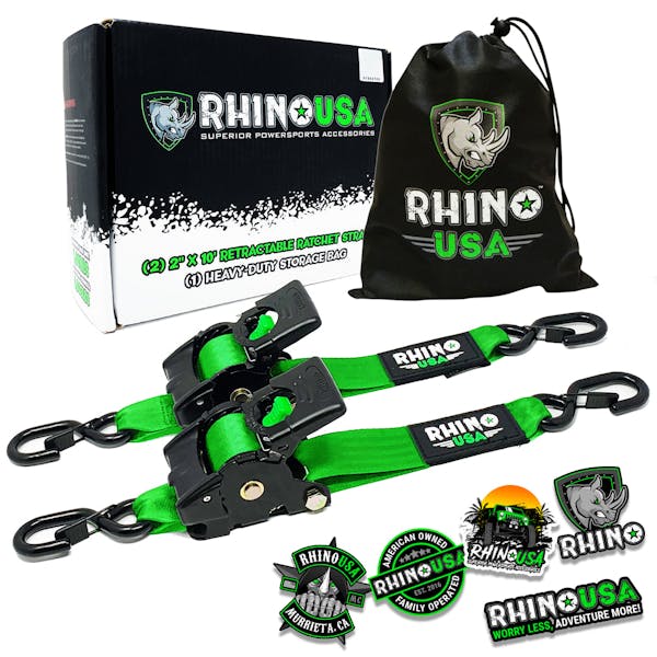 Rhino USA TD-RSRE2X10-GRN-R Rhino USA Retractable Ratchet Straps (2Pk 2Inx10Ft) (Green)