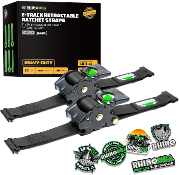 Rhino USA TD-RSRE2X10-ETRK-BLK Rhino USA Retractable E-Track Ratchet Straps (2 Pack, 2Inx10Ft) (Black)