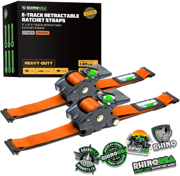 Rhino USA TD-RSRE2X10-ETRK-ORG Rhino USA Retractable E-Track Ratchet Straps (2 Pack, 2Inx10Ft) (Orange)