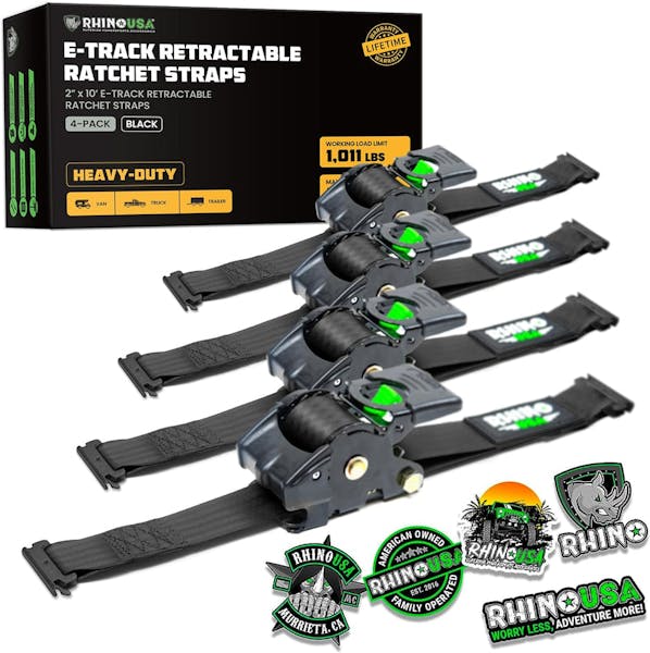 Rhino USA TD-RSRE2X10-ETRK-4BLK Rhino USA Retractable E-Track Ratchet Straps (4 Pack, 2Inx10Ft) (Black)