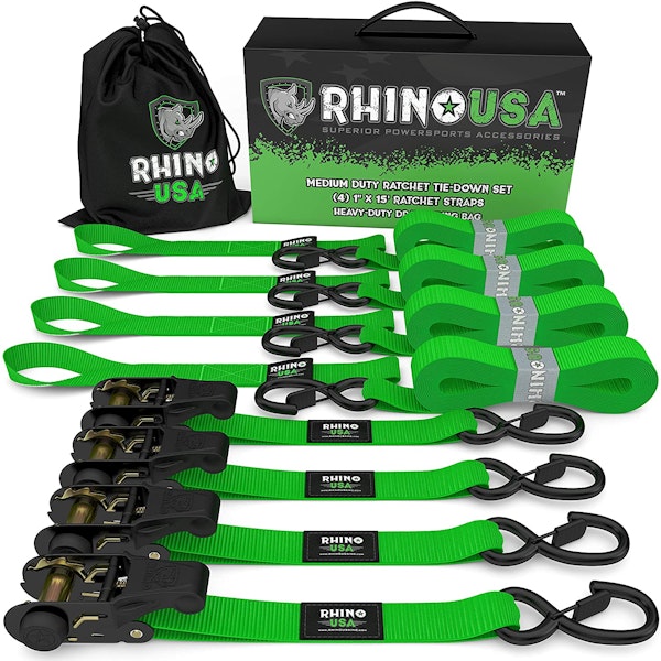 Rhino USA RCHT-4PACK-GRN Rhino USA Medium Duty Ratchet Strap Tie-Down 4-Pack (Green)