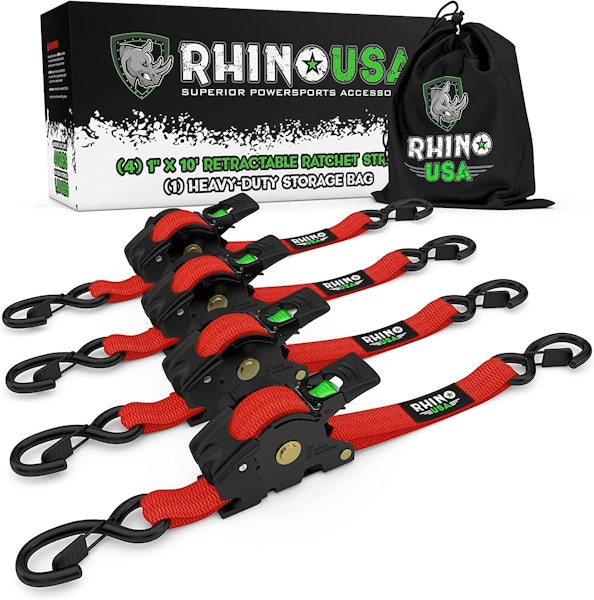 Rhino USA TD-RSRE1X10-RED-R Rhino USA Retractable Ratchet Straps (4Pk 1Inx10Ft) (Red)