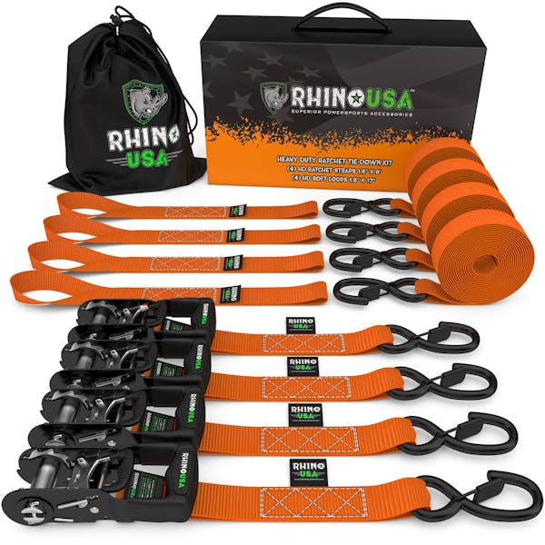 Rhino USA HDKIT-4PK-ORG 1.6" X 8' Rhino USA Heavy Duty Ratchet Tie-Down 4-Pack (Orange)
