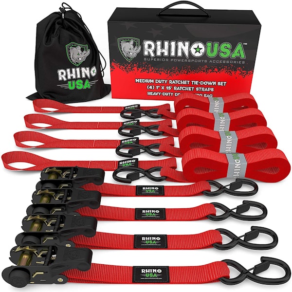 Rhino USA RCHT-4PACK-RED Rhino USA Medium Duty Ratchet Strap Tie-Down 4-Pack (Red)