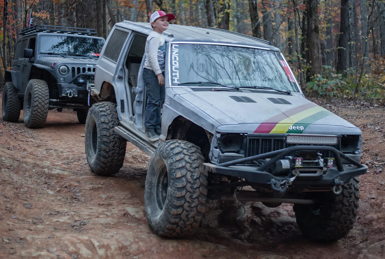 Jeep easing down a muddy trail at Uwharrie