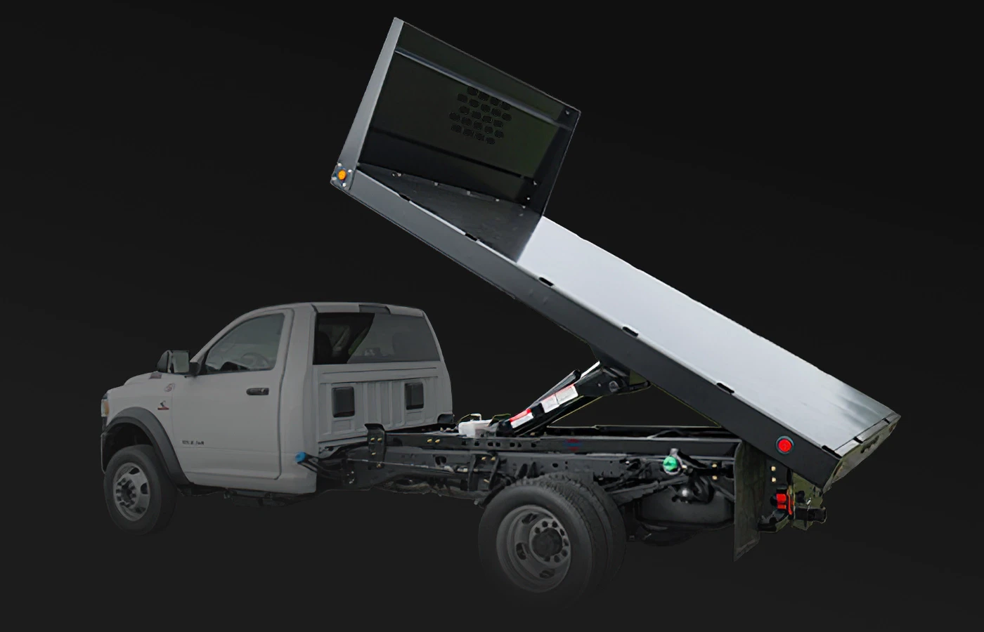 Steel dump bed truck for material handling and unloading