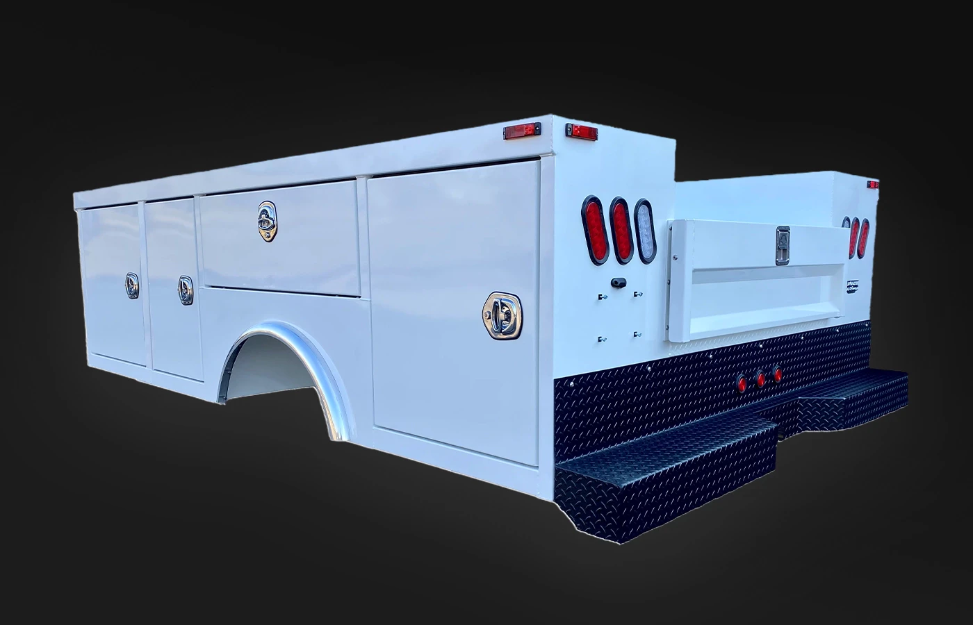 Steel service body truck bed with side storage compartments