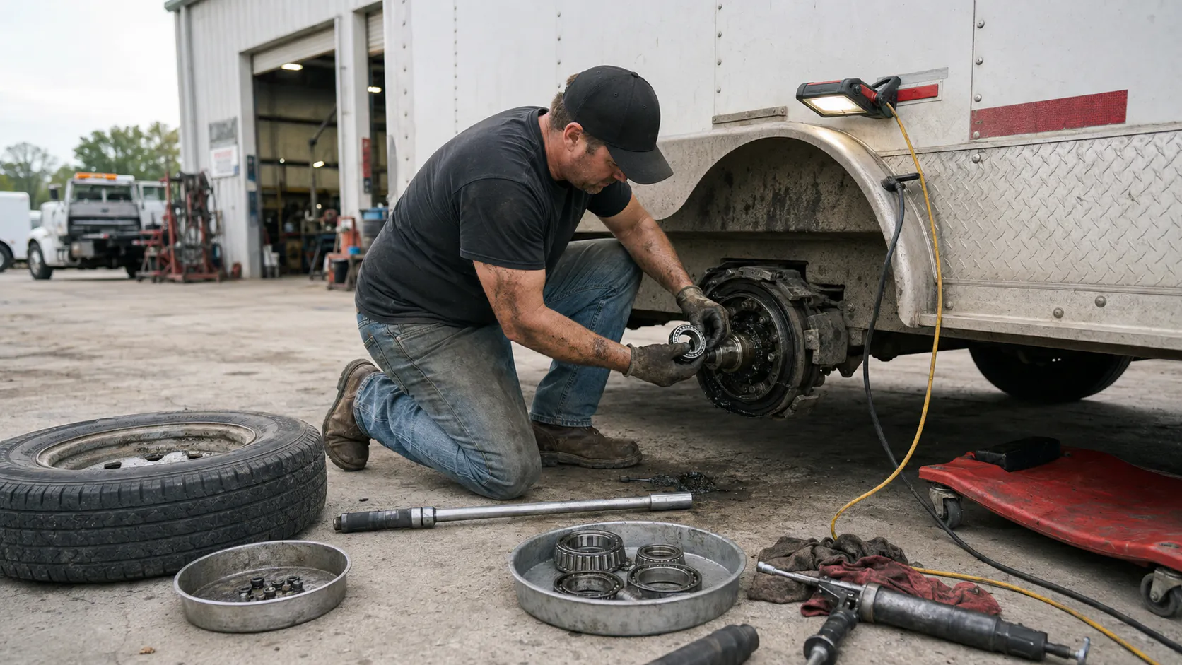 Fleet Upfitters tech servicing a trailer hub and bearings