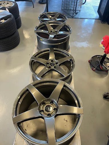 Performance car on lightweight aftermarket wheels and sticky performance tires