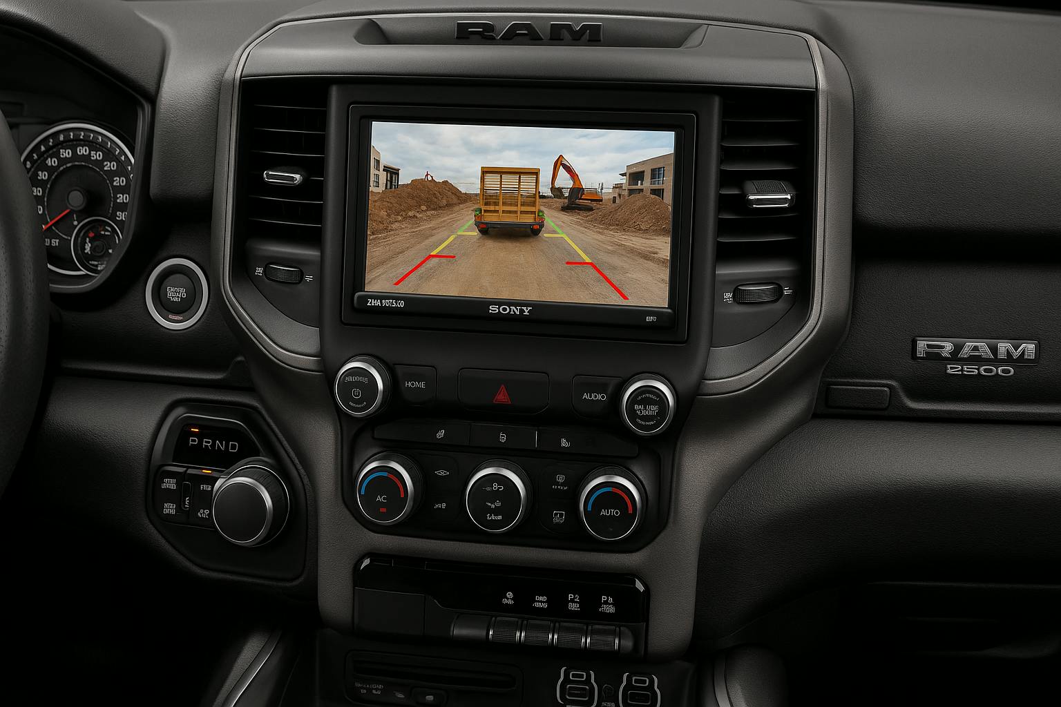 Ram truck with upgraded backup camera system on screen