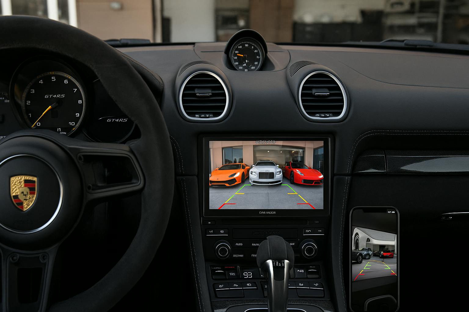 Porsche backup camera upgrade with parking guidelines