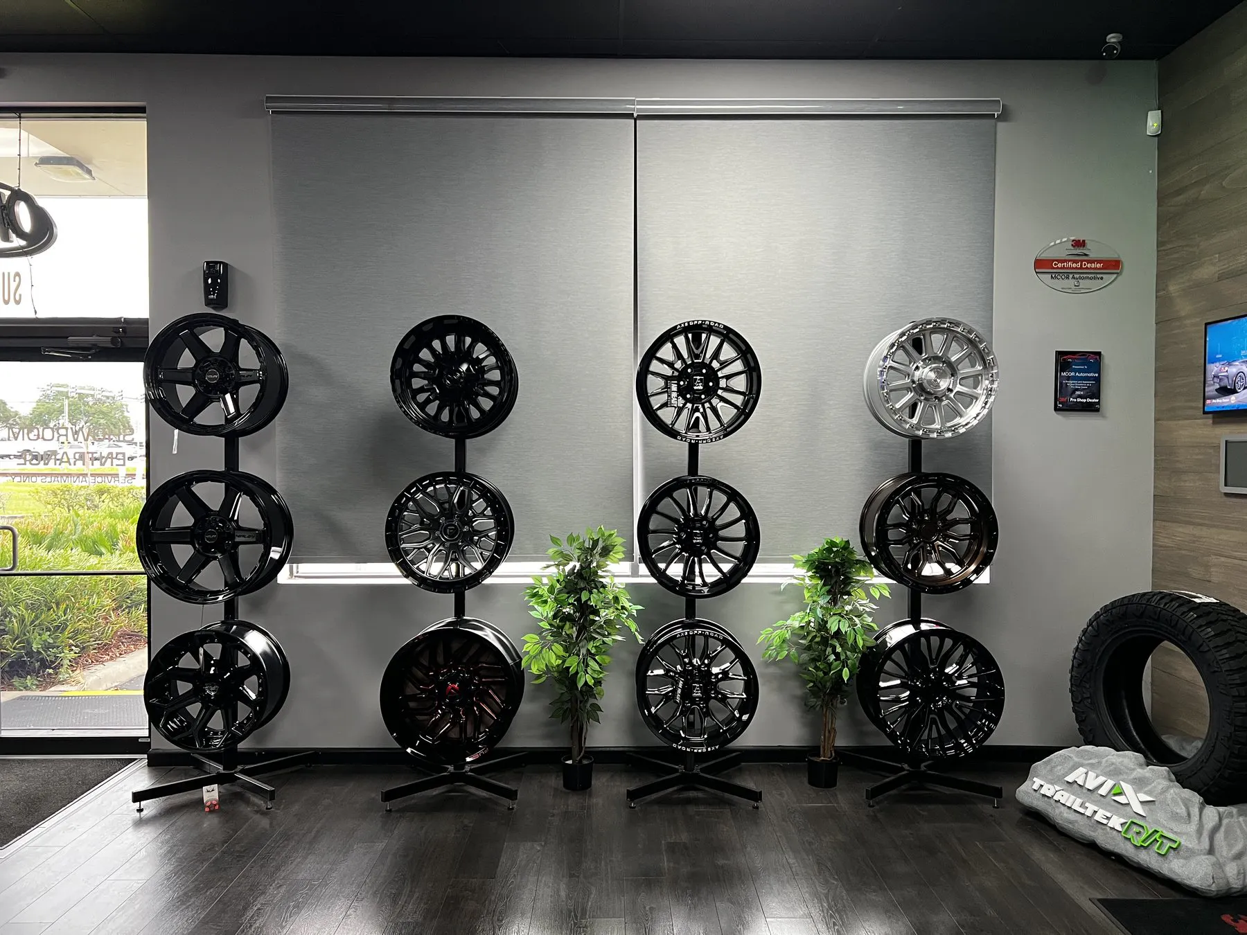 Wheel and tire displays inside the MCOR Automotive showroom