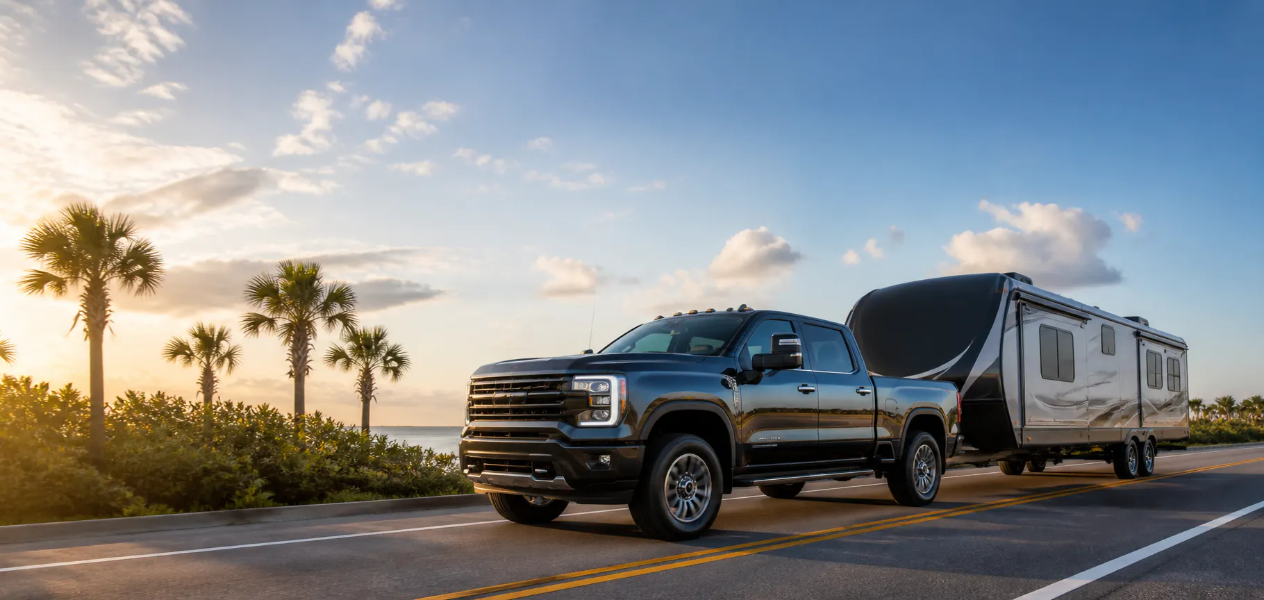 Heavy-duty pickup towing a modern travel trailer on a Florida highway