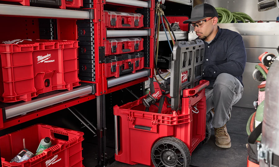 Custom Milwaukee PACKOUT storage layout inside a work vehicle