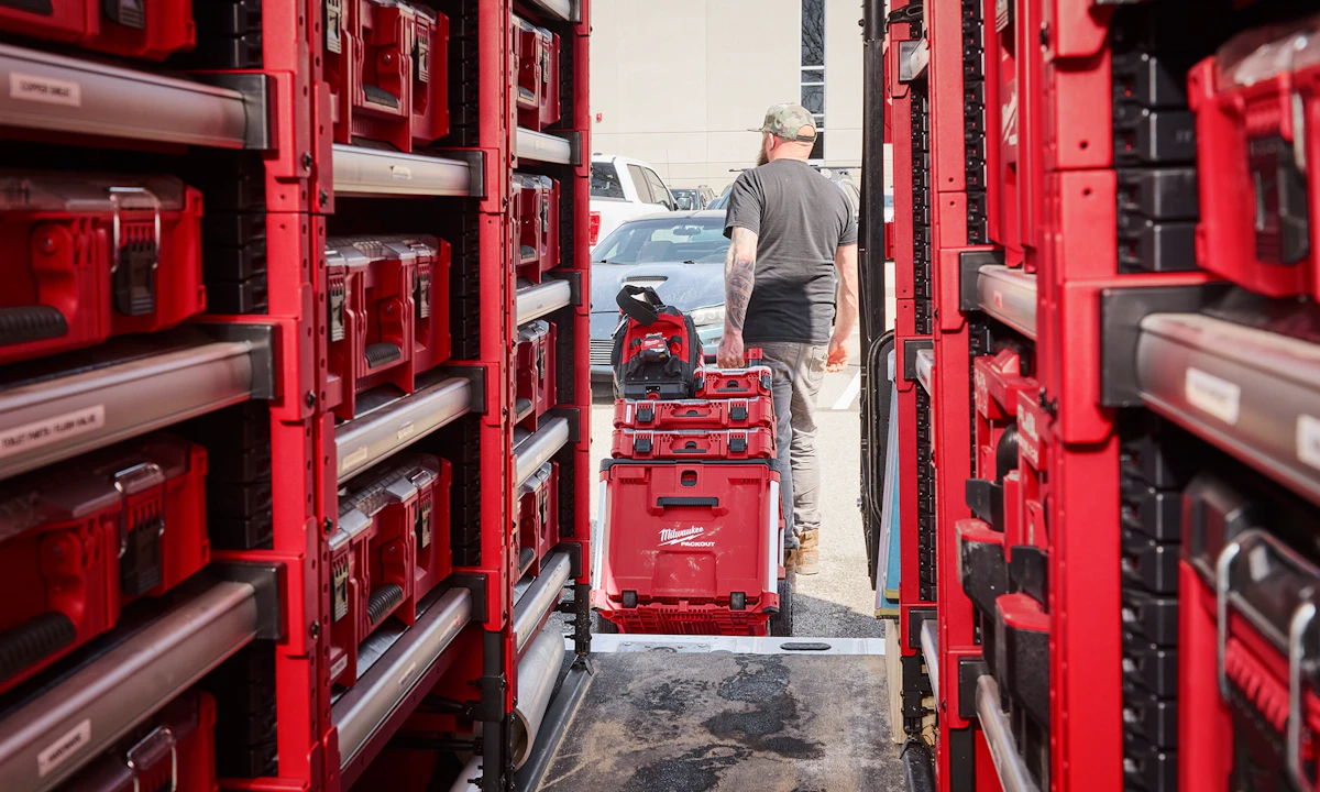 Maximum-capacity Milwaukee PACKOUT storage and racking layout inside a work van