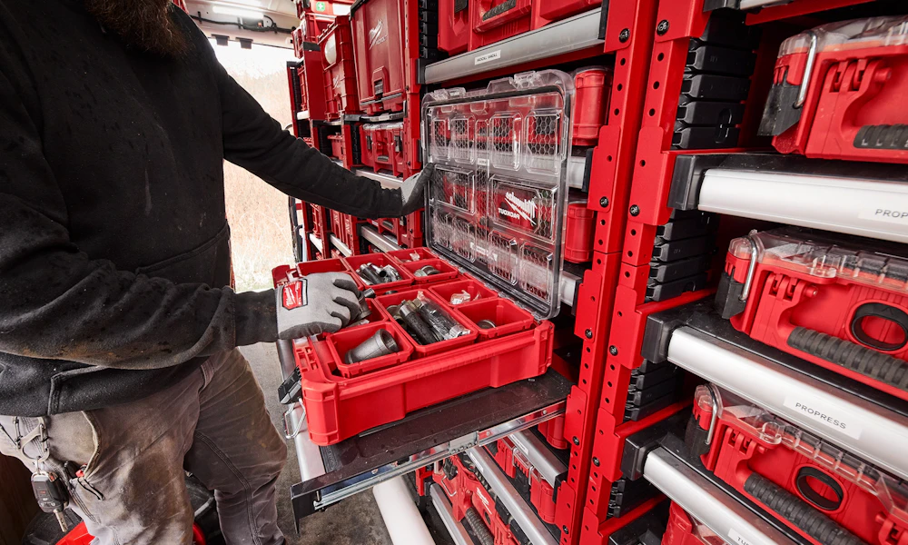 Flexible Milwaukee PACKOUT storage system installed for mobile work