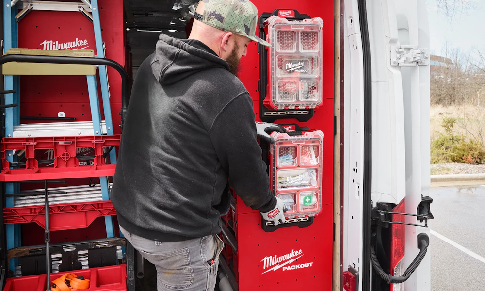 Milwaukee PACKOUT work van upfit with organized racking and tool storage