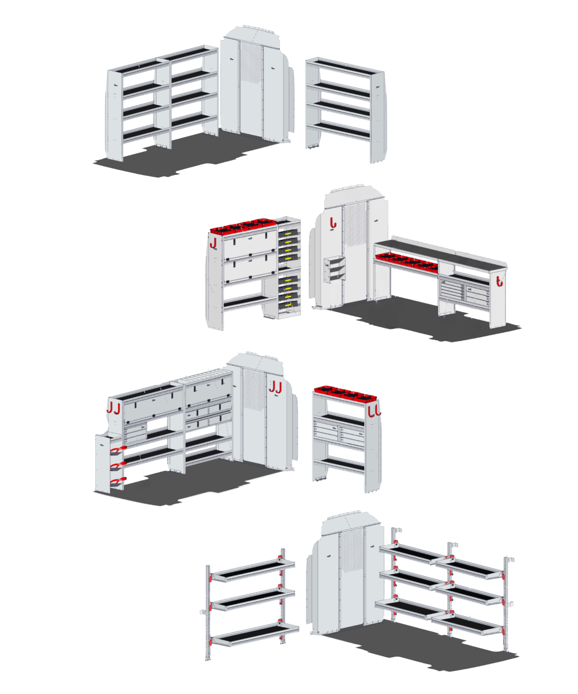 Modular van shelving and storage system layouts for work vans and fleet vehicles