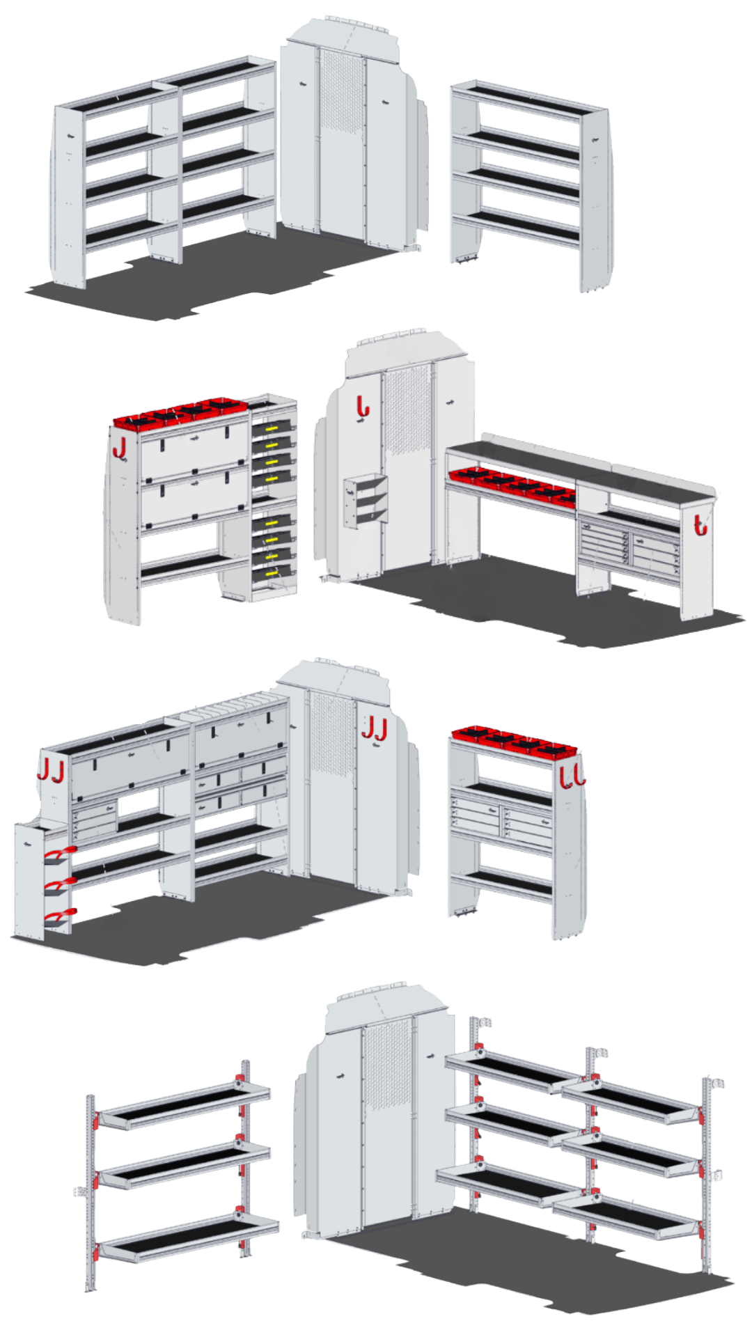 Examples of modular van shelving, cabinets, and storage configurations for fleet upfitting